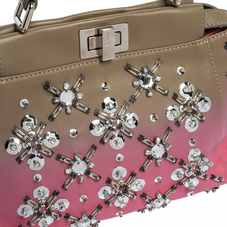 Pre Owned Fendi Pink/Beige Ombre Leather Mini Peekaboo Crystal Embellished Top Handle Bag