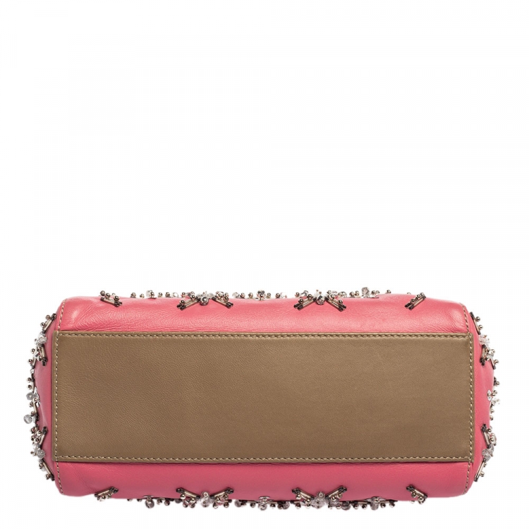 Pre Owned Fendi Pink/Beige Ombre Leather Mini Peekaboo Crystal Embellished Top Handle Bag