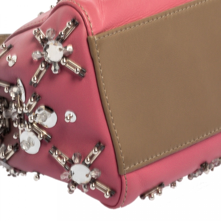 Pre Owned Fendi Pink/Beige Ombre Leather Mini Peekaboo Crystal Embellished Top Handle Bag