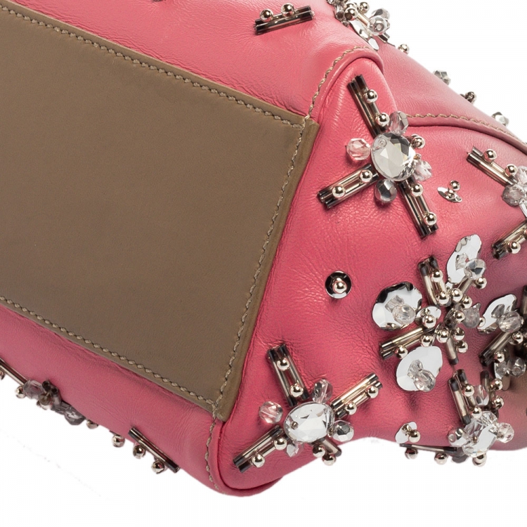 Pre Owned Fendi Pink/Beige Ombre Leather Mini Peekaboo Crystal Embellished Top Handle Bag