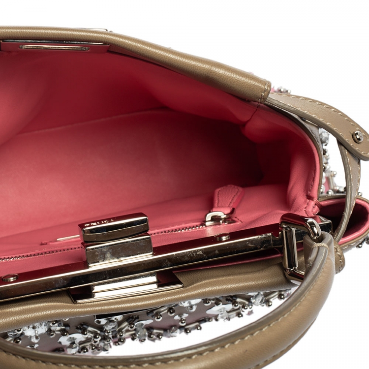 Pre Owned Fendi Pink/Beige Ombre Leather Mini Peekaboo Crystal Embellished Top Handle Bag