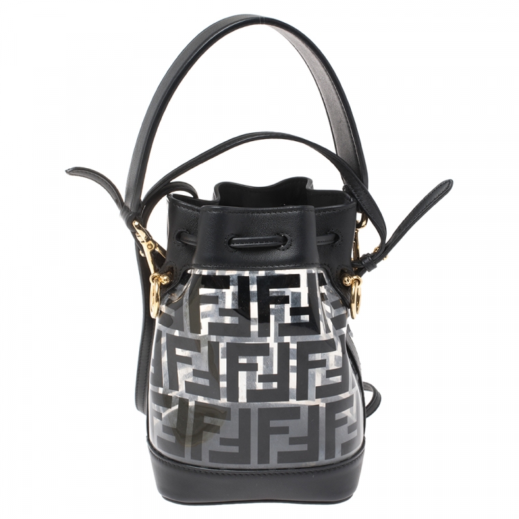 Pre Owned Fendi Black Zucca Pvc and Leather Mini Mon Tresor Drawstring Bucket Bag