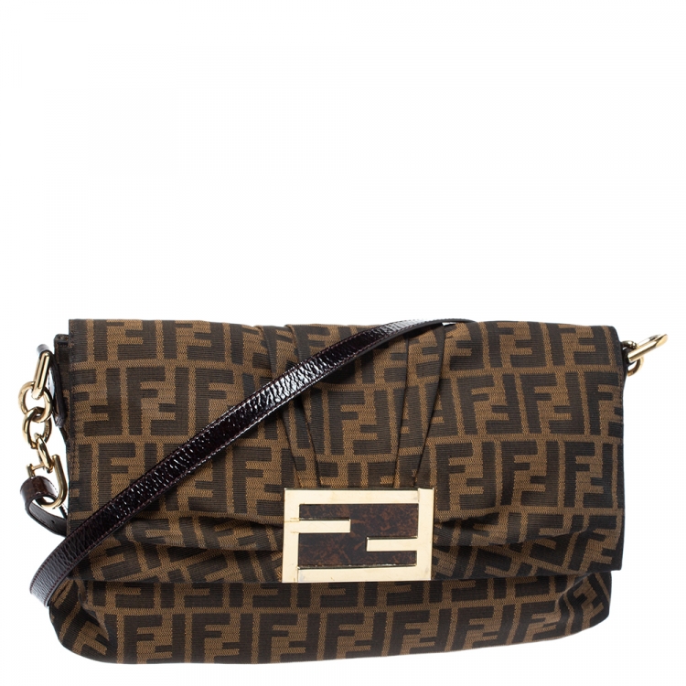 Pre Owned Fendi Tobacco Zucca Canvas and Patent Leather Mia Flap Bag
