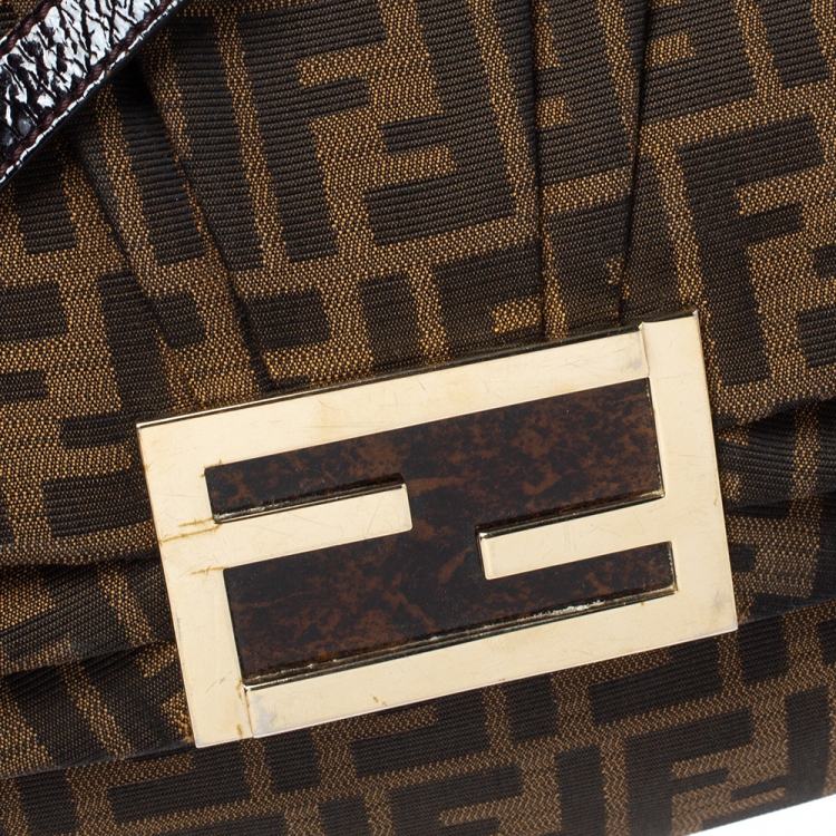 Pre Owned Fendi Tobacco Zucca Canvas and Patent Leather Mia Flap Bag