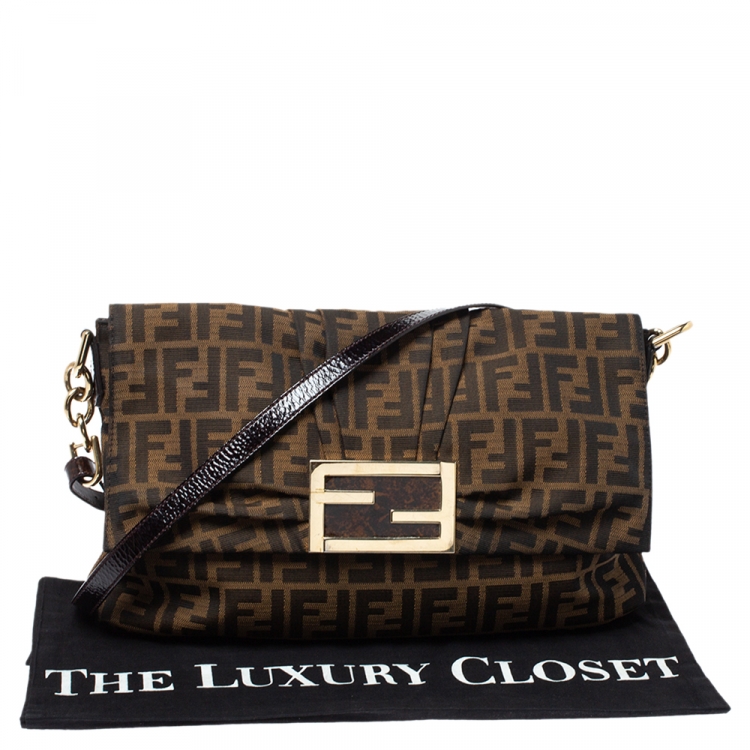 Pre Owned Fendi Tobacco Zucca Canvas and Patent Leather Mia Flap Bag