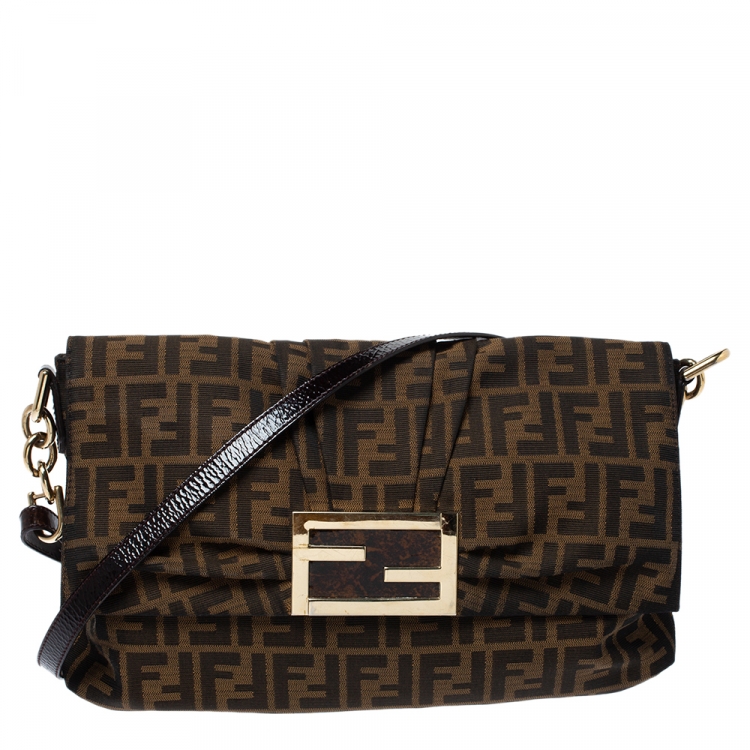 Pre Owned Fendi Tobacco Zucca Canvas and Patent Leather Mia Flap Bag