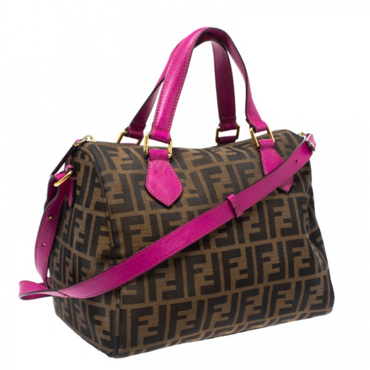 Pre Owned Fendi Tobacco/Magenta Zucca Canvas Forever Bauletto Boston Bag