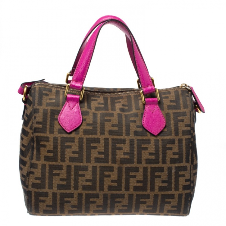 Pre Owned Fendi Tobacco/Magenta Zucca Canvas Forever Bauletto Boston Bag