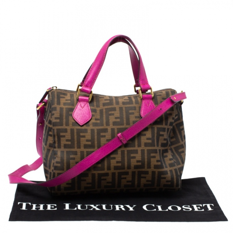 Pre Owned Fendi Tobacco/Magenta Zucca Canvas Forever Bauletto Boston Bag