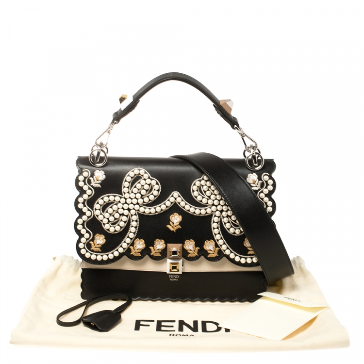 Pre Owned Fendi Black/Beige Embroidered Faux Pearl Leather Medium Kan I Pearl Top Handle Bag