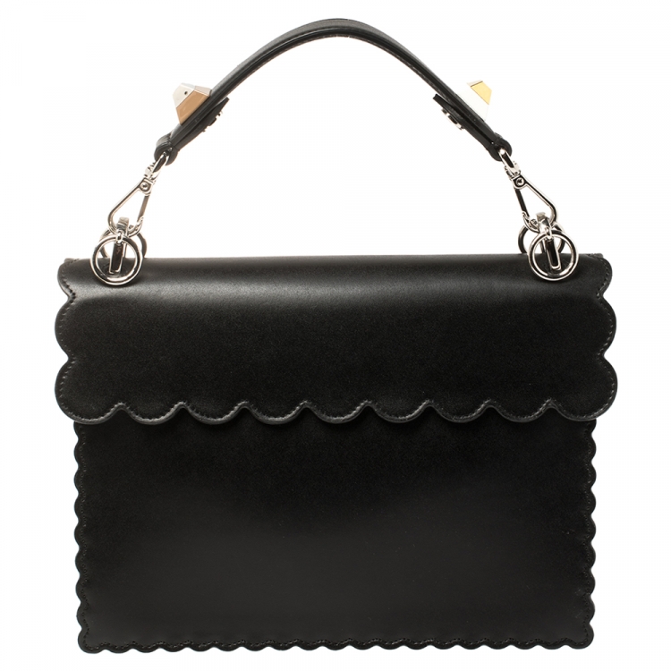 Pre Owned Fendi Black/Beige Embroidered Faux Pearl Leather Medium Kan I Pearl Top Handle Bag