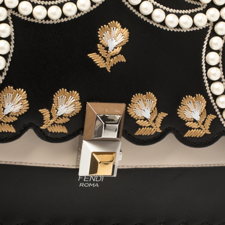 Pre Owned Fendi Black/Beige Embroidered Faux Pearl Leather Medium Kan I Pearl Top Handle Bag