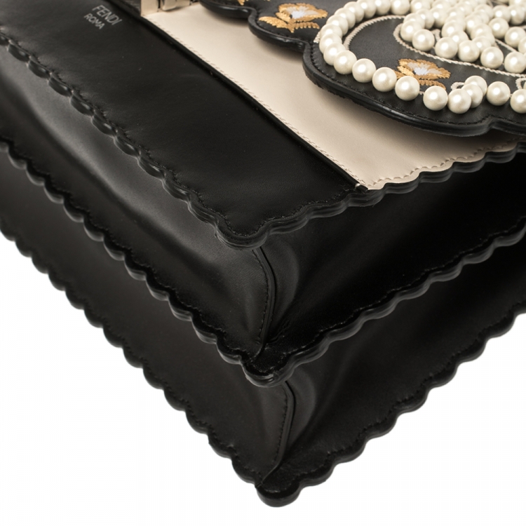 Pre Owned Fendi Black/Beige Embroidered Faux Pearl Leather Medium Kan I Pearl Top Handle Bag
