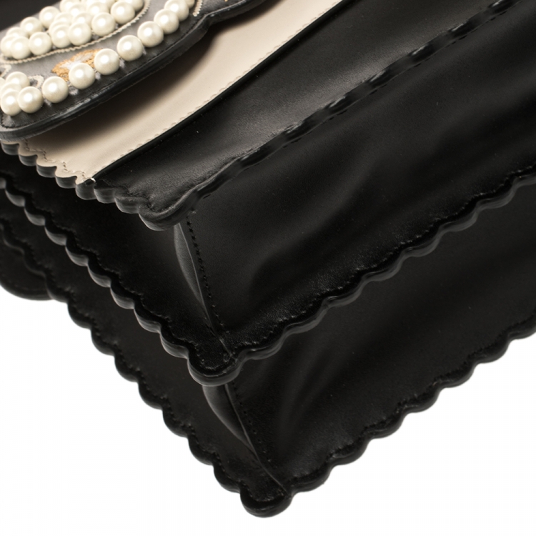 Pre Owned Fendi Black/Beige Embroidered Faux Pearl Leather Medium Kan I Pearl Top Handle Bag