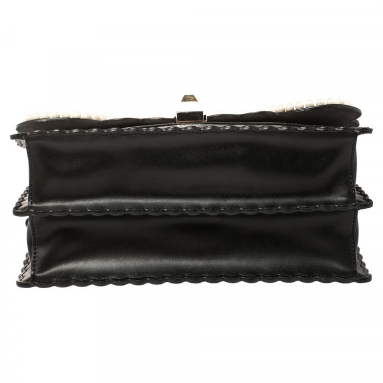Pre Owned Fendi Black/Beige Embroidered Faux Pearl Leather Medium Kan I Pearl Top Handle Bag