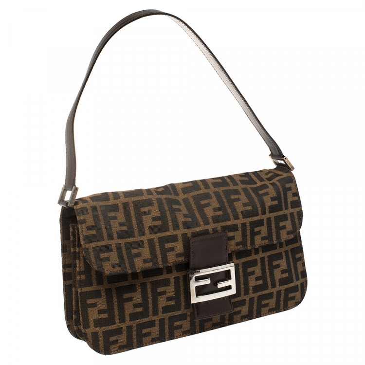 Pre Owned Fendi Tobacco Zucca Canvas and Leather Flap Shoulder Bag