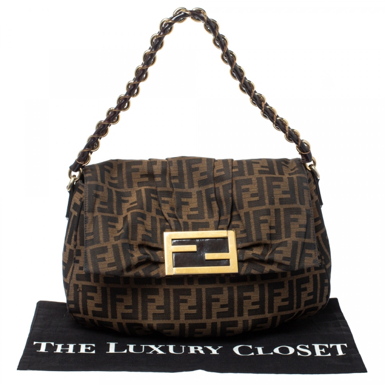 Pre Owned Fendi Tobacco Zucca Canvas Mia Flap Shoulder Bag