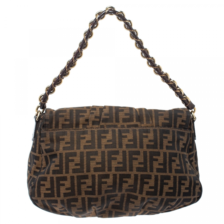 Pre Owned Fendi Tobacco Zucca Canvas Mia Flap Shoulder Bag