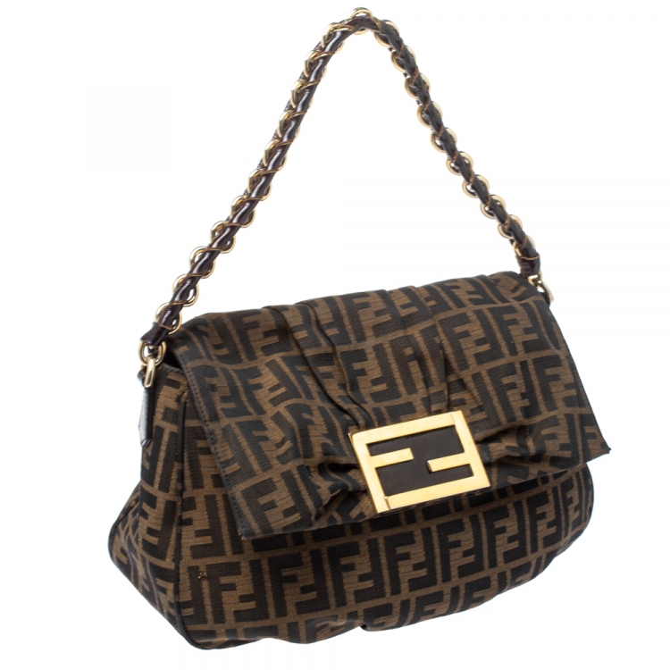 Pre Owned Fendi Tobacco Zucca Canvas Mia Flap Shoulder Bag