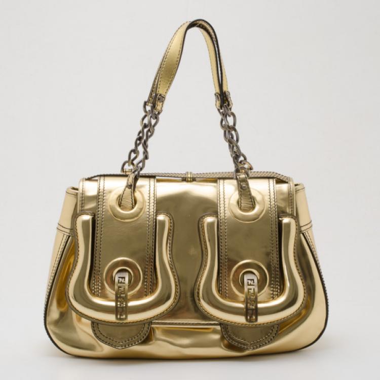 Pre Owned Fendi Metallic Gold Patent 'B' Bag