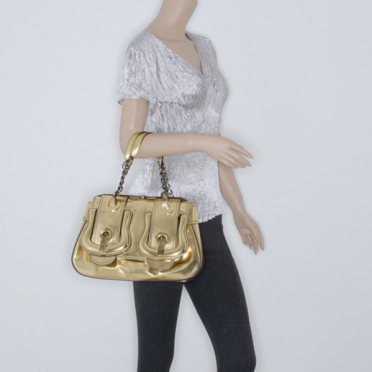 Pre Owned Fendi Metallic Gold Patent 'B' Bag