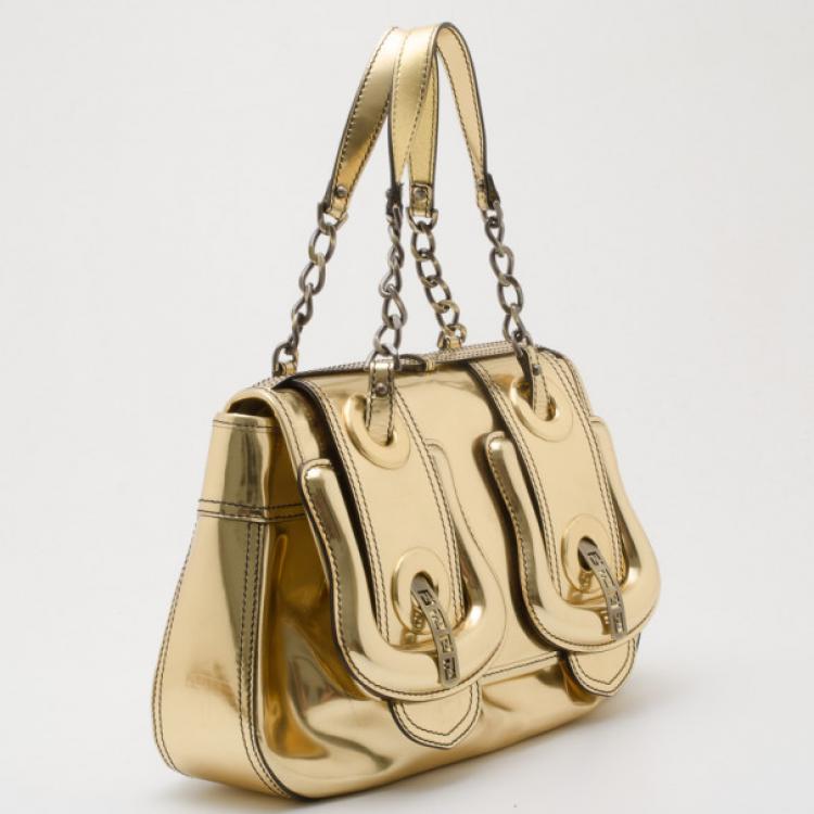 Pre Owned Fendi Metallic Gold Patent 'B' Bag