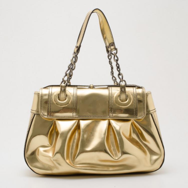 Pre Owned Fendi Metallic Gold Patent 'B' Bag