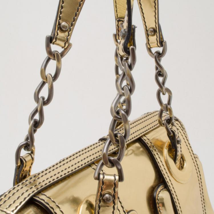 Pre Owned Fendi Metallic Gold Patent 'B' Bag