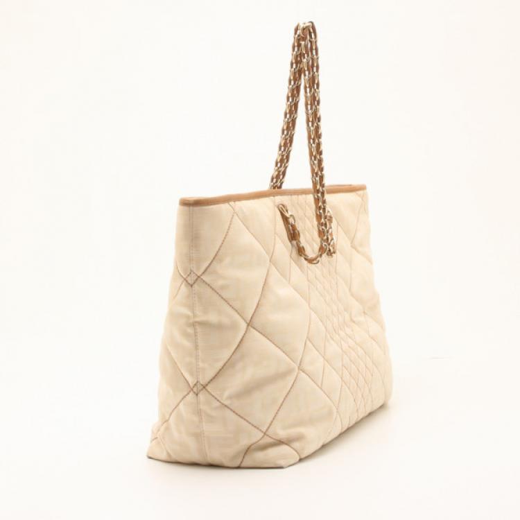 Pre Owned Fendi Beige Quilted Zucca Nylon 'Roll' Large Shopper Tote