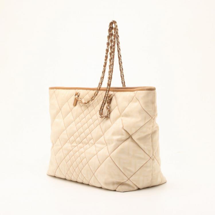 Pre Owned Fendi Beige Quilted Zucca Nylon 'Roll' Large Shopper Tote