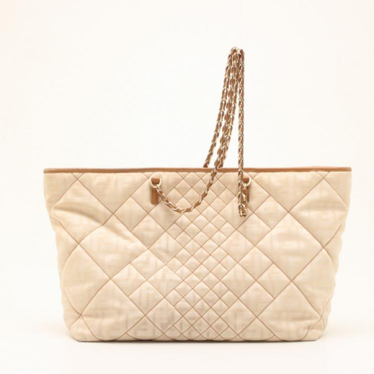 Pre Owned Fendi Beige Quilted Zucca Nylon 'Roll' Large Shopper Tote