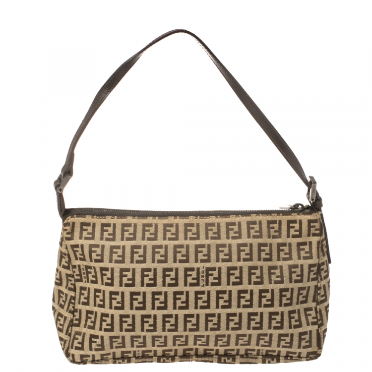 Pre Owned Fendi Beige/Brown Zucchino Canvas and Leather Baguette Bag