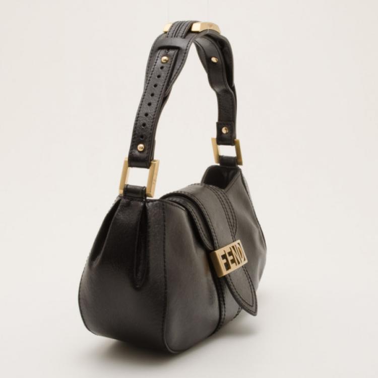 Pre Owned Fendi Black Leather Logo Pochette Bag 
