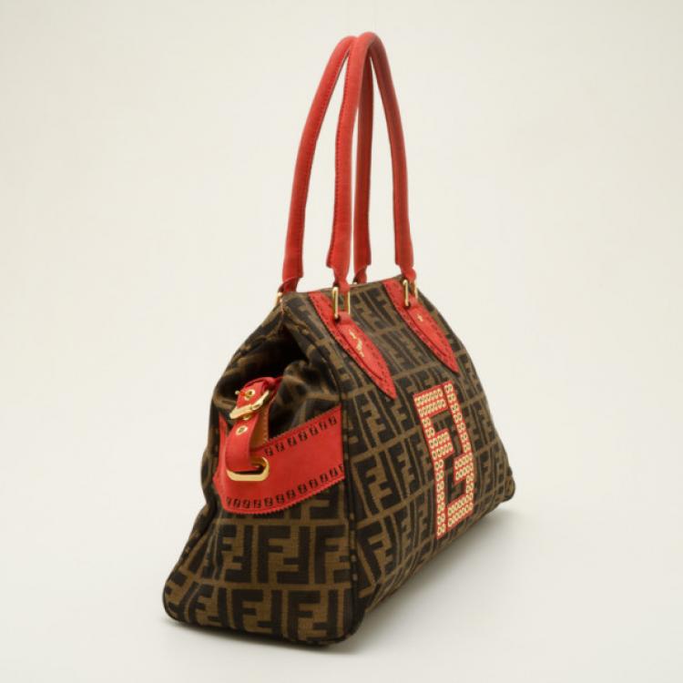 Pre Owned Fendi Red Trim Studded Zucca Du Jour Handbag