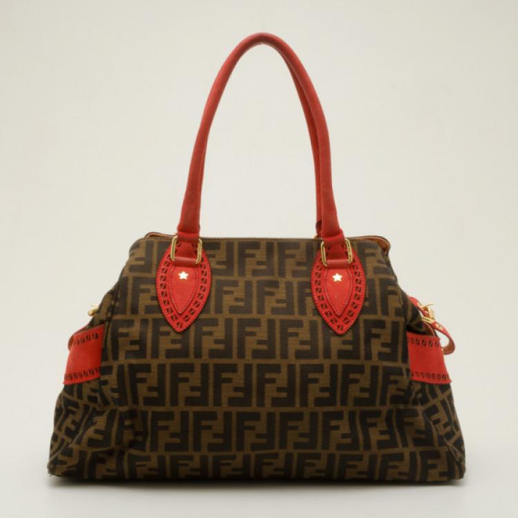 Pre Owned Fendi Red Trim Studded Zucca Du Jour Handbag