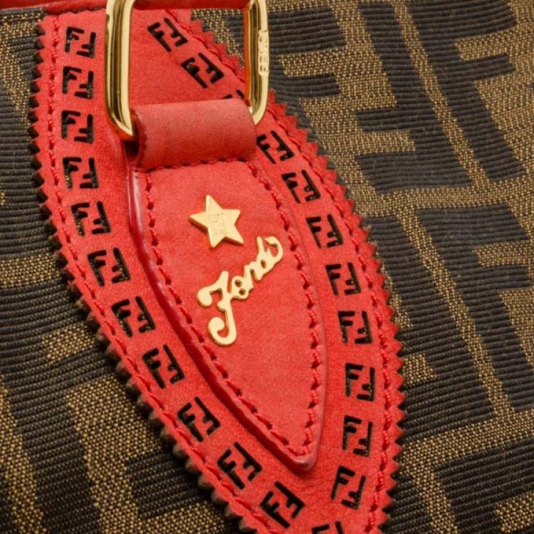 Pre Owned Fendi Red Trim Studded Zucca Du Jour Handbag