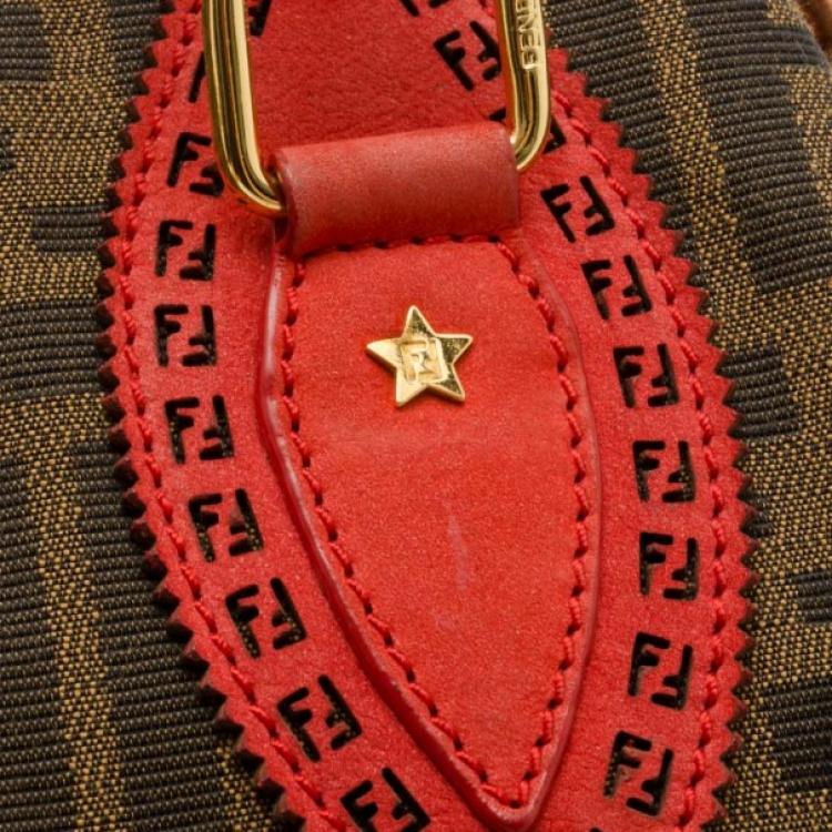 Pre Owned Fendi Red Trim Studded Zucca Du Jour Handbag