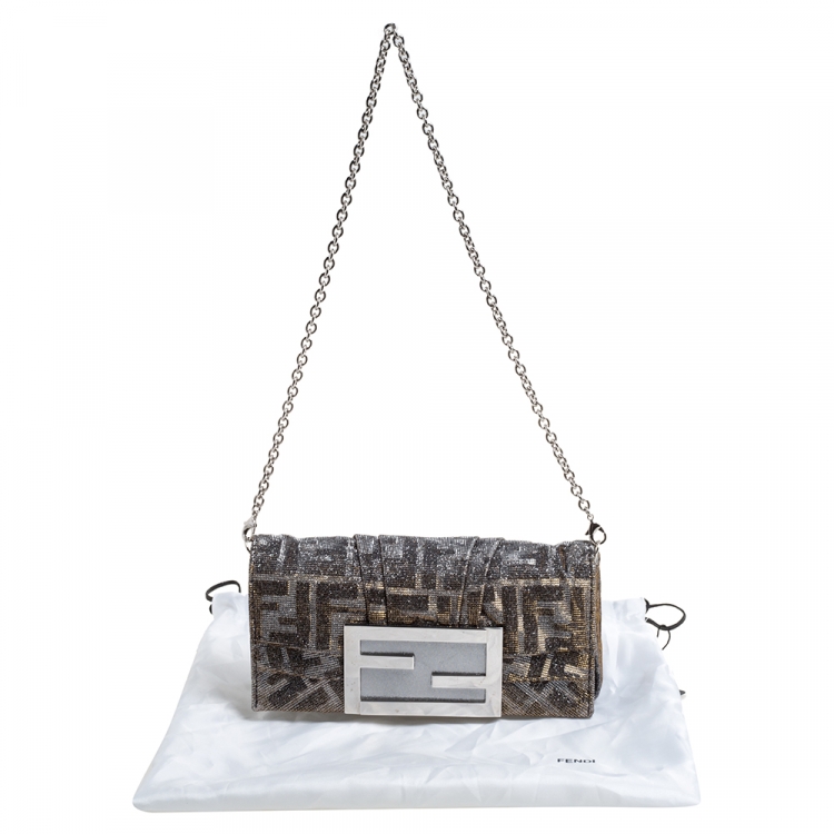 Pre Owned Fendi Silver Shimmery Fabric Mia Pochette Bag 
