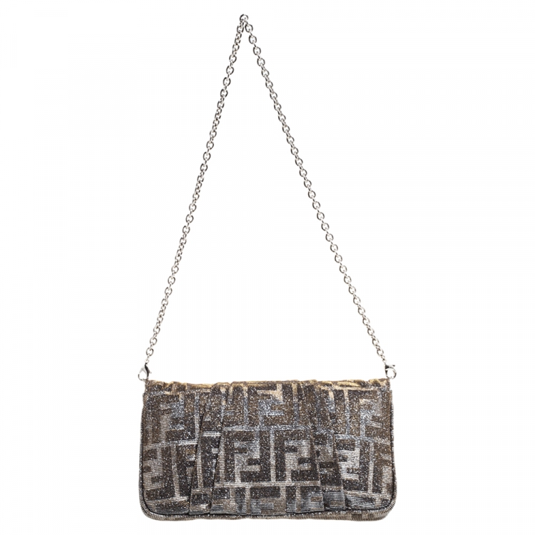 Pre Owned Fendi Silver Shimmery Fabric Mia Pochette Bag 