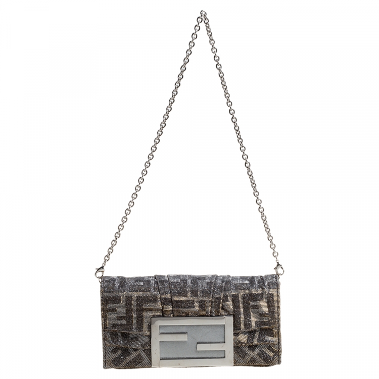 Pre Owned Fendi Silver Shimmery Fabric Mia Pochette Bag 