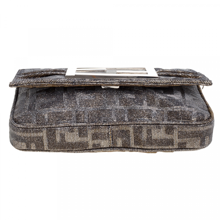 Pre Owned Fendi Silver Shimmery Fabric Mia Pochette Bag 