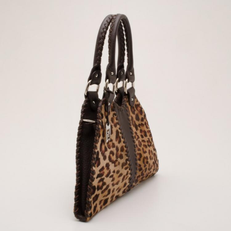 Pre Owned Fendi Pony Hair Leopard 'Devil Trapezio' Satchel
