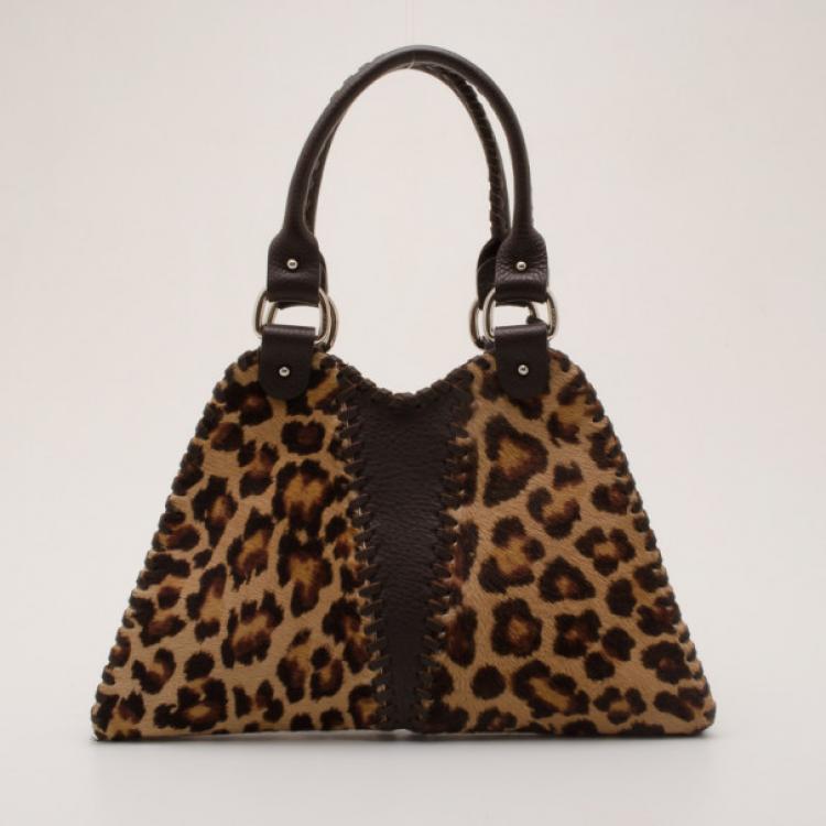 Pre Owned Fendi Pony Hair Leopard 'Devil Trapezio' Satchel