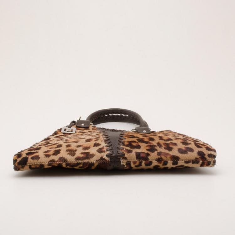 Pre Owned Fendi Pony Hair Leopard 'Devil Trapezio' Satchel