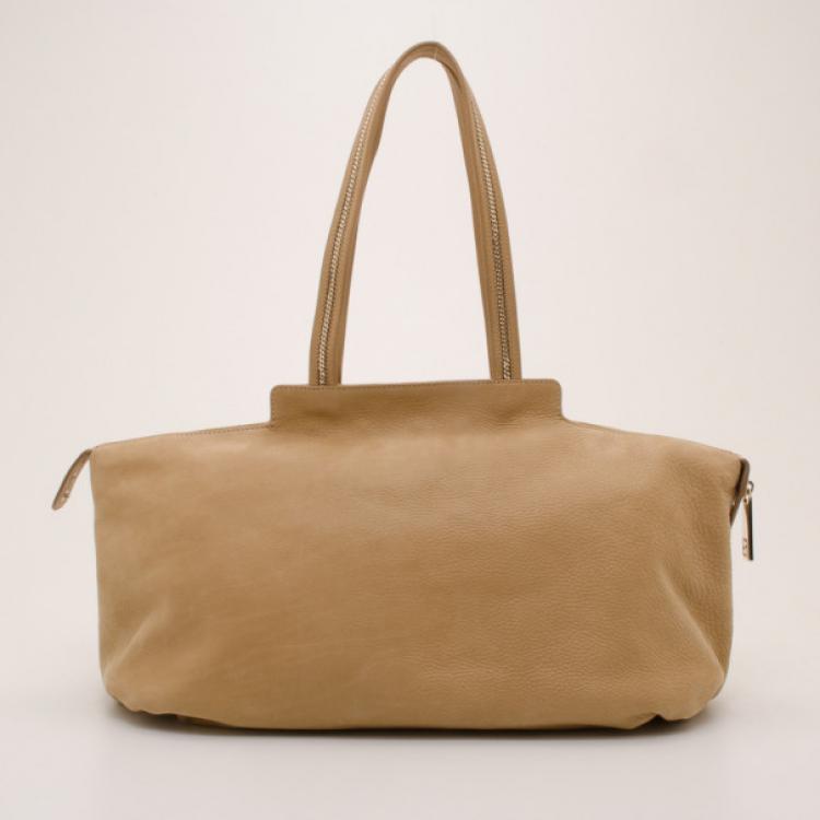 Pre Owned Fendi Tan Leather Logo Tote