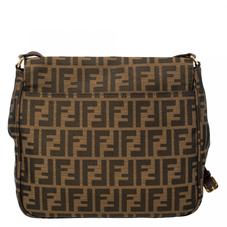 Pre Owned Fendi Tobacco Zucca Canvas Flap Shoulder Bag
