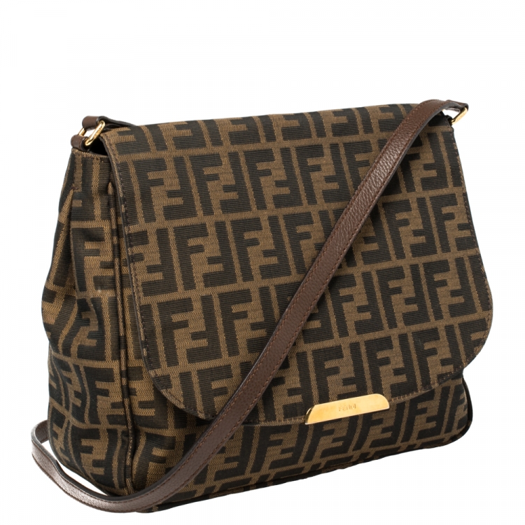 Pre Owned Fendi Tobacco Zucca Canvas Flap Shoulder Bag