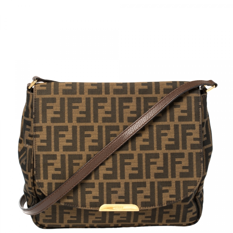 Pre Owned Fendi Tobacco Zucca Canvas Flap Shoulder Bag