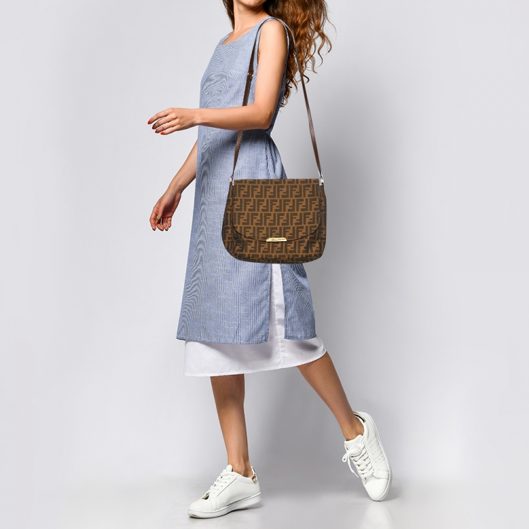 Pre Owned Fendi Tobacco Zucca Canvas Flap Shoulder Bag