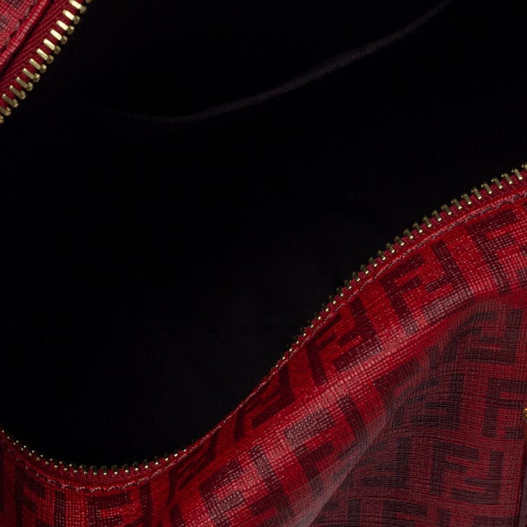 Pre Owned Fendi Red Zucchino Coated Canvas and Leather Small Forever Bauletto Boston Bag